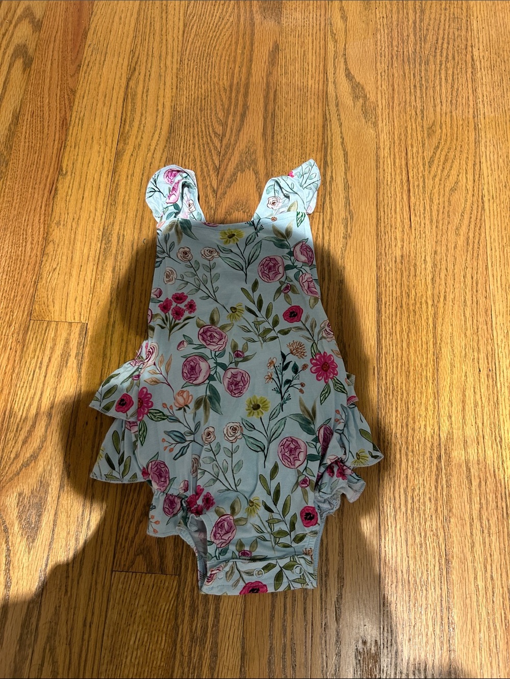 Posh Peanut Light Blue Floral Ruffle Romper with Pink Roses